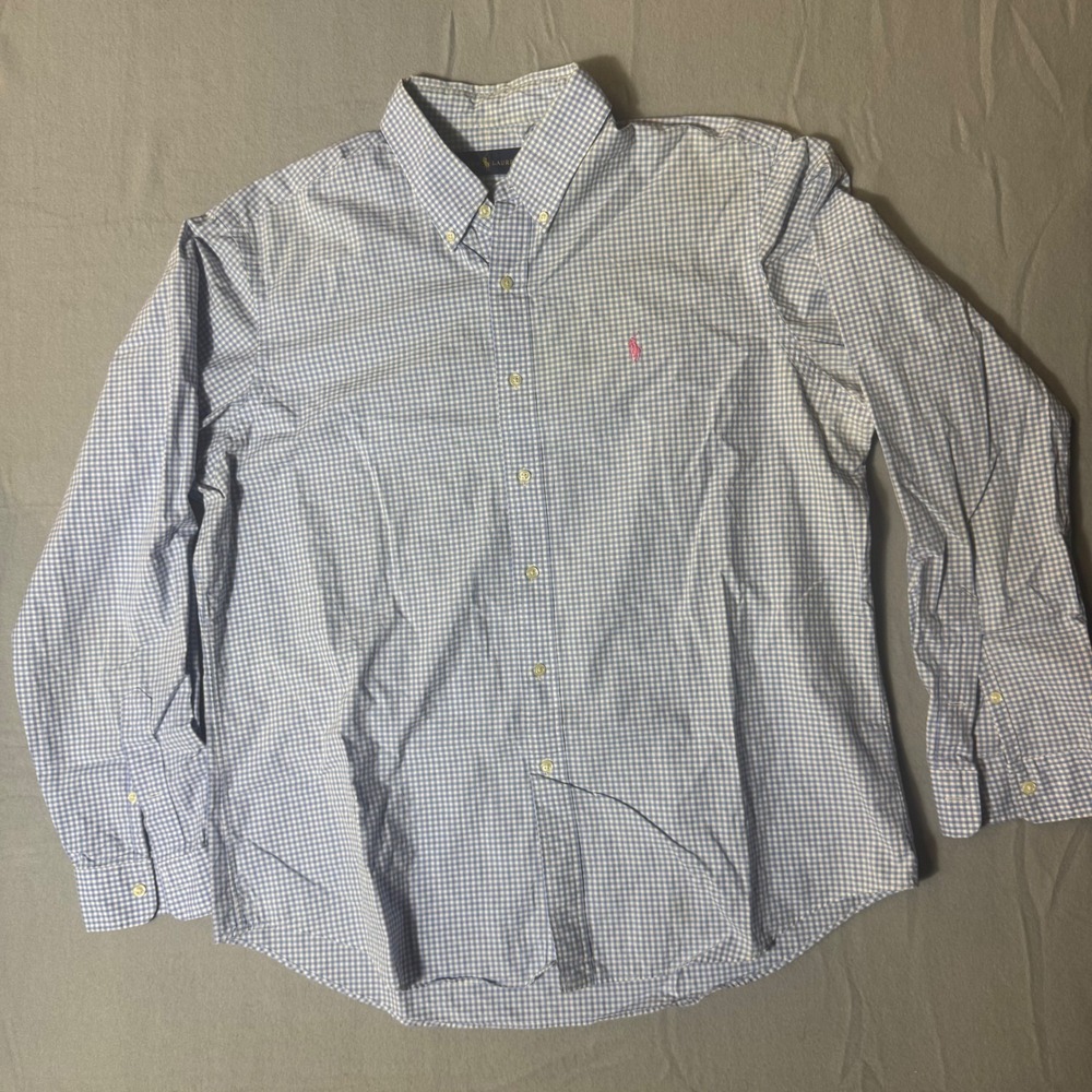 Ralph Lauren Mens XL Blue White Gingham Button Down Shirt Pink Pony Logo LS